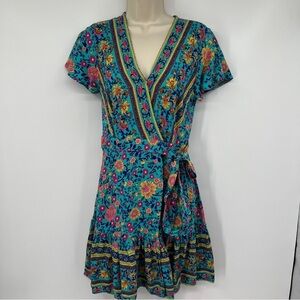 Zesica Multi Floral Striped V-neck Wrap Short Sleeve Pleated Tie Popover Dress